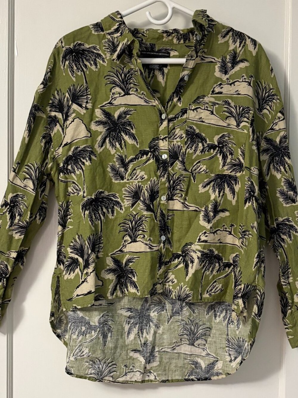 Tahari 100% linen european flax button up blouse size large green tropical palms